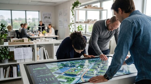 Architects and urban planners collaborating around a large digital interactive table reviewing a 3D city model and green building designs for sustainable future development