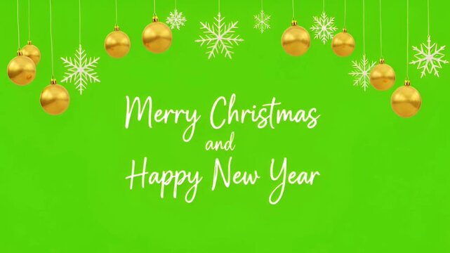 Realistic hanging gold and silver ornaments and snowflakes on green background.