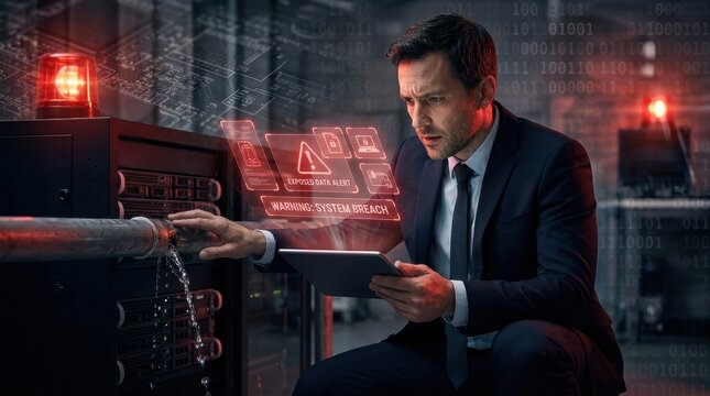 Data center alert: A focused IT professional in a suit inspects a leaky pipe in a server room, a holographic interface displaying critical alerts.