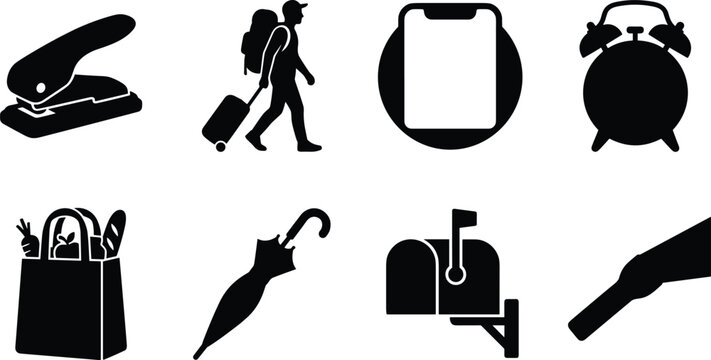 Everyday life silhouette vector icons set featuring travel, communication, organization, shopping, and household objects in modern design