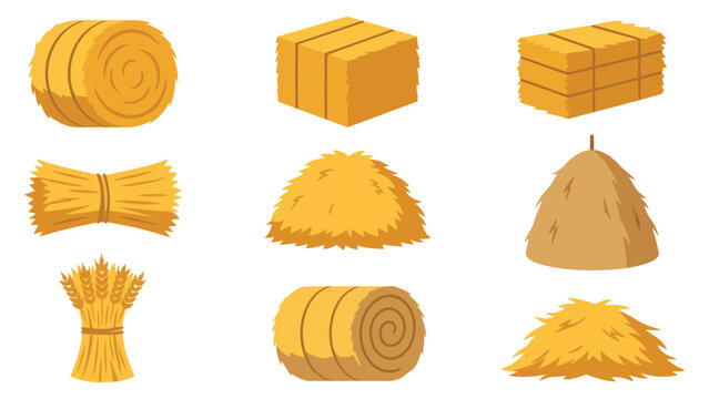 Set of various dry hay bales and straw stacks for farm and agriculture design elements