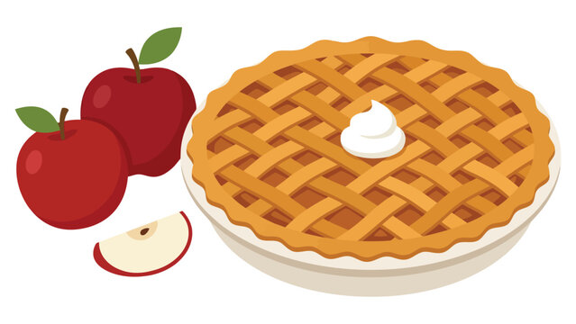 Fresh baked apple pie with whipped cream and whole red apples with a slice
