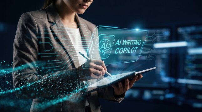 AI Writing Copilot Interface: A businesswoman uses a tablet with an AI writing copilot interface, symbolizing the future of content creation and technological assistance.