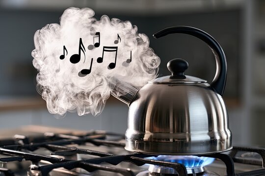 Whistling kettle on gas stove emitting musical notes within steam