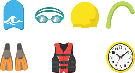 Swimming and water sports equipment vector collection featuring kickboard goggles swim cap flippers and life jacket © Mdjoshel 