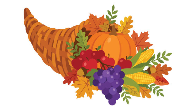 Cornucopia horn of plenty with autumn pumpkin grapes and colorful harvest leaves for thanksgiving