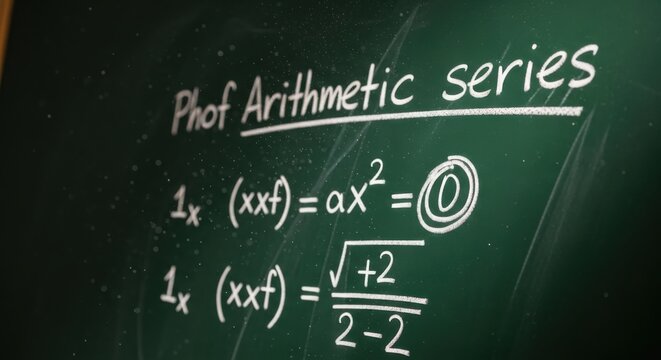 A blackboard displays math problems on arithmetic series formulas.