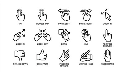 Fototapeta premium Minimal black and white hand icons pack with touch gestures click navigation and communication symbols vector isolated on white background