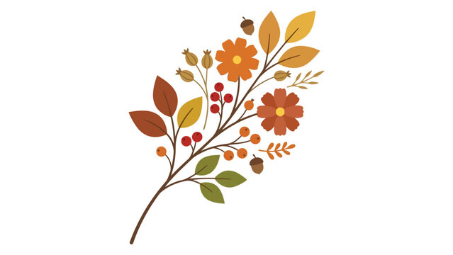 Decorative autumn branch with colorful fall leaves flowers and berries for seasonal design