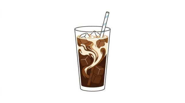 A cup shows dark liquid with ice cubes and cream swirling. A straw sits in the cup. This design focuses on coffee as a drink.
