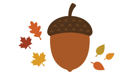 Single brown acorn nut icon with colorful autumn leaves scattered around in a fall season style © azad