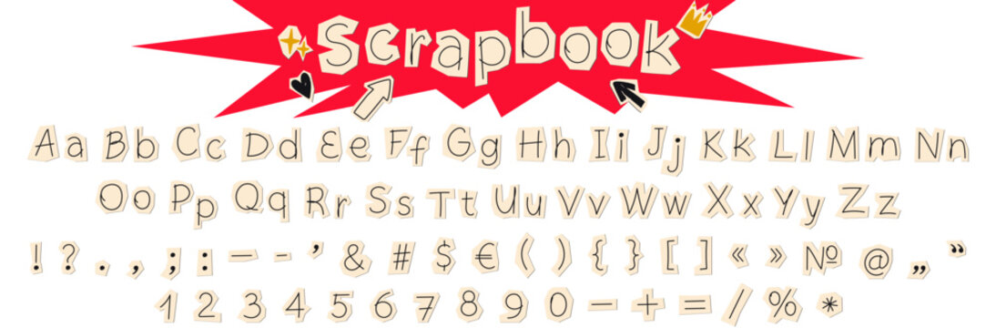Collage alphabet font set with cut out of off white paper hand drawn doodle thin letters, numbers and punctuation marks. Grunge clipping funky element scrapbook stickers Vector illustration isolated