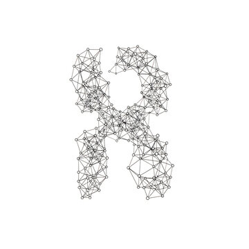 Geometric letter R, polygonal design element, wireframe alphabet, black and white typography