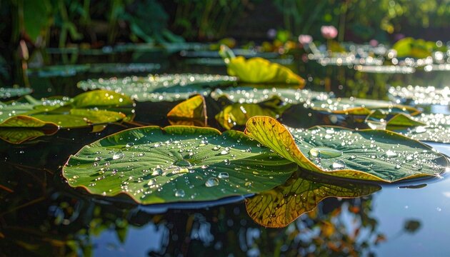 Yellow green frog resting on lily pad in pond.