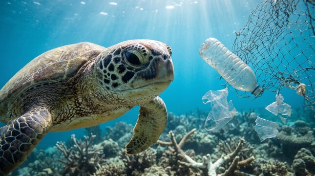 Sea turtle swimming near ocean pollution with plastic debris