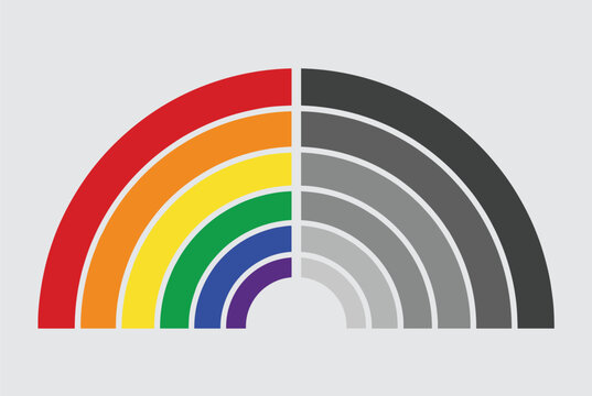 Half colored and half grayscale rainbow arch illustration representing a transition between vibrant and muted color palettes.