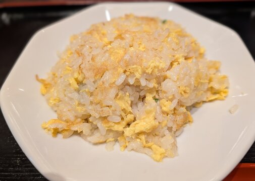 Chinese Fried Rice (Chahan) with Scrambled Egg on White Plate