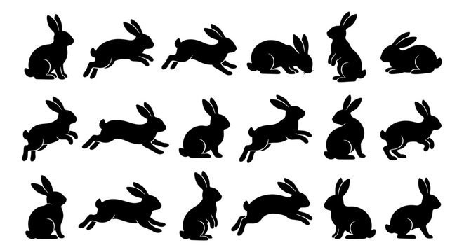 Silhouette Rabbit Collection, 15 Dynamic Poses, Black Vector Graphics for Easter and Spring Designs, Cute Bunny Animation Elements