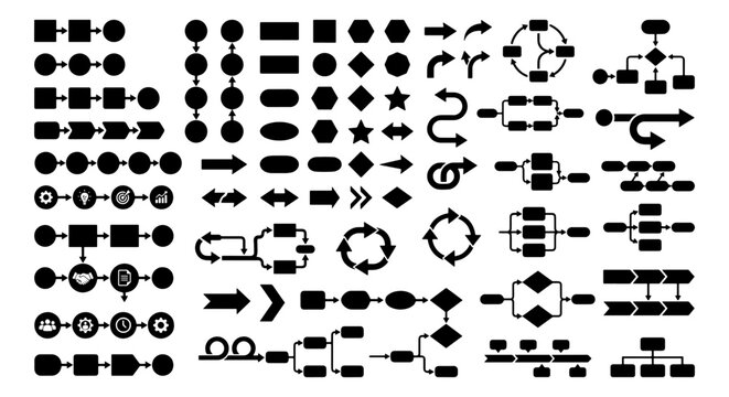 Diverse Flowchart Symbols Set, Process Diagram Elements, Business Workflow Icons, Vector Graphics for Planning and Organization