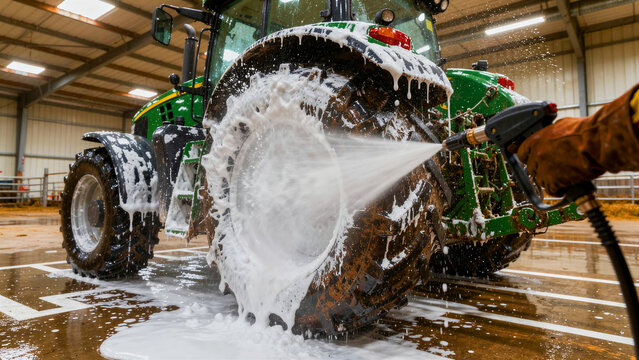 Pressure washing foam from a large tractor wheel. Agricultural worker cleaning farm machinery in a hangar. Equipment maintenance concept for agribusiness marketing and industrial service ads.