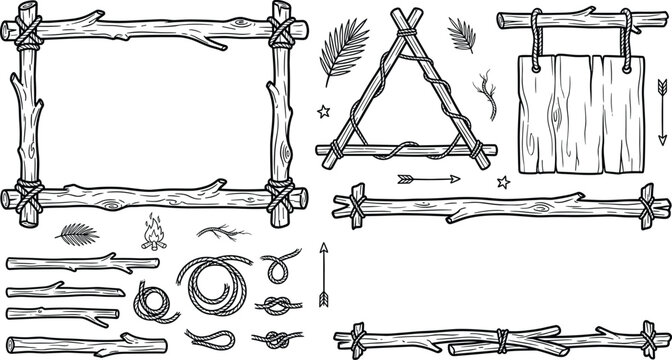 Rustic Wooden Stick Border Frame and Tribal Camp Signboard Doodle Set with Rope Knots Arrows and Leaves for Camping Invitations and Outdoor Designs
