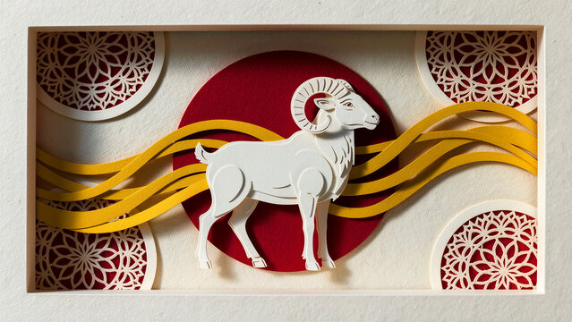 White ram paper-cut art against a red sun. Decorative 3D sculpture with yellow waves and geometric patterns. Chinese New Year and Aries zodiac theme for lunar festival and astrology marketing.