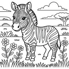 Obraz premium Adorable baby zebra standing in a field of wildflowers, ready for coloring
