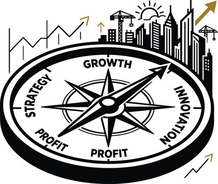 Compass with cityscape backdrop and labeled dial black and gold vector illustration on white background arrow black and gold