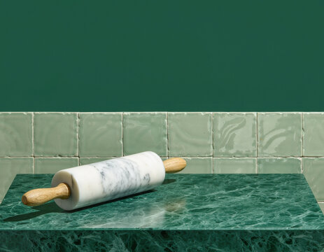 Green Marble Countertop with Rolling Pin Kitchen Backdrop for pantry packaging mockup banner campaigns and culinary marketing, with clean copy space in the upper frame for text overlays and safe verti