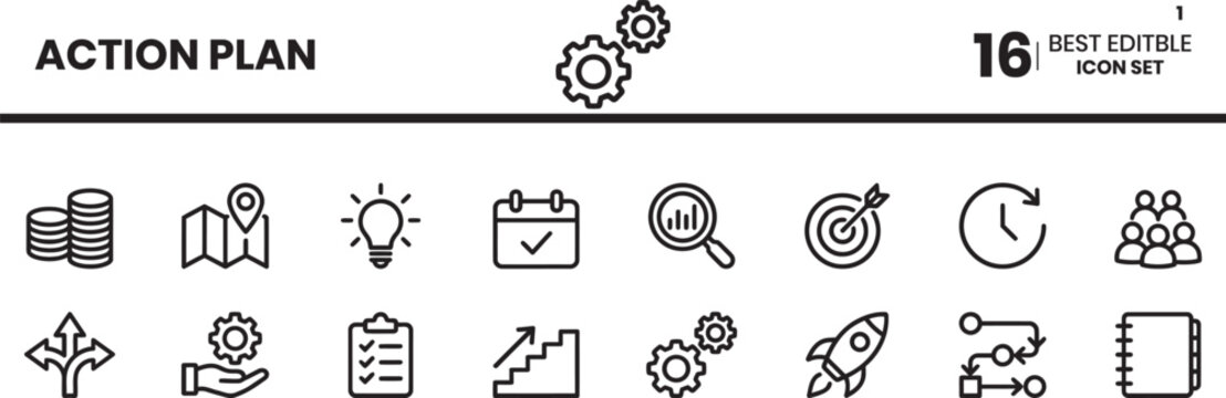 Action plan icon set. Editable line icons. Vector illustration.  Action plan icon set editable business and strategy icons