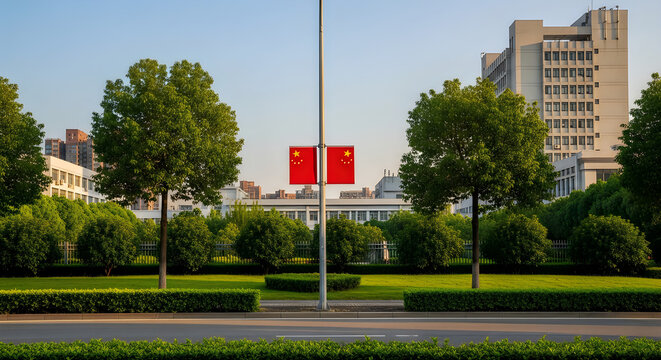 Modern Urban Park with Red Monument and Tall Buildings in Bright Daylight