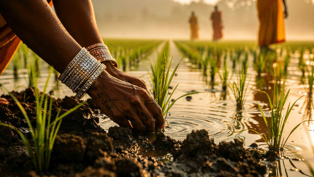 Hands with bangles planting rice seedlings in a flooded field. Traditional agricultural labor in rural Asian paddy during golden hour. Sustainable farming concept for agricultural marketing.
