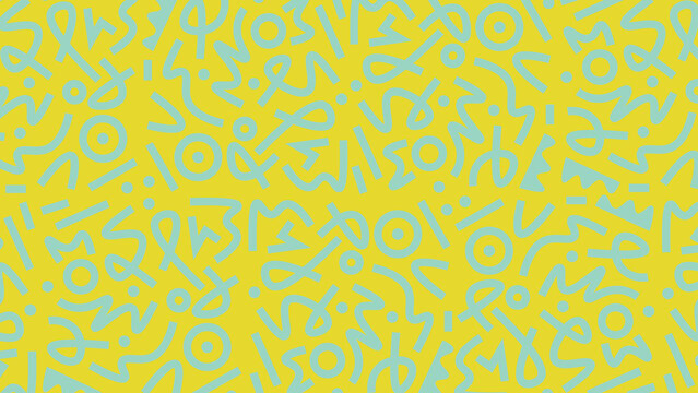 Doodle abstract vector pattern on Aquamarine color with Canary Yellow background. Fun Aquamarine doodle lines pattern