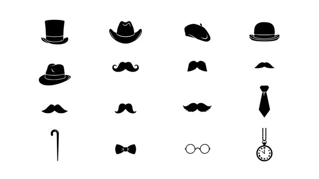 Hat Icons and Accessories Set with Mustaches Bow Tie Necktie and Pocket Watch in Simple Monochrome Design