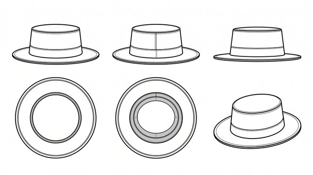 Boater Hat Fashion Technical Drawing Vector Template with Multiple Views