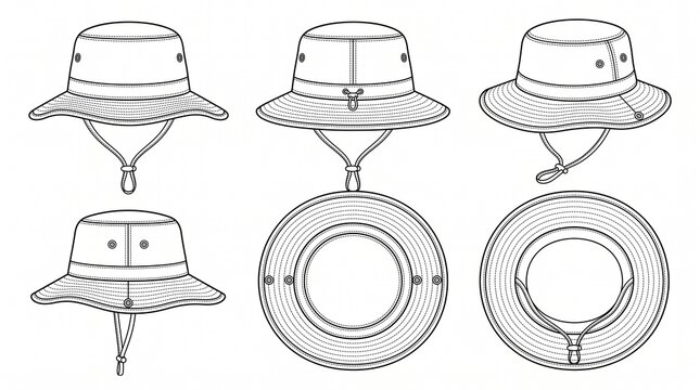Bucket Sun Hat Technical Fashion Sketch Vector Set for Apparel Design