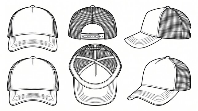 Trucker Hat Cap Mockup Vector Technical Drawing Set with Mesh Back Front Side Back and Bottom Views for Apparel Design