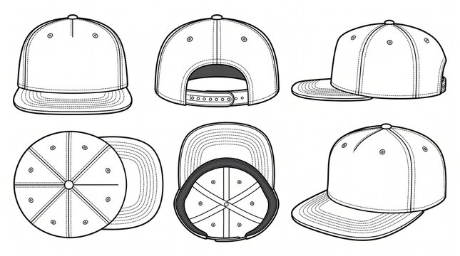 Snapback Baseball Cap Technical Drawing Template - 6 Angles Vector Line Art for Apparel Design