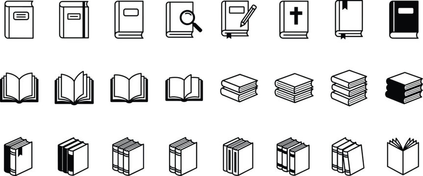 Book Icons Collection with Open Books Stacked Volumes and Library Symbols