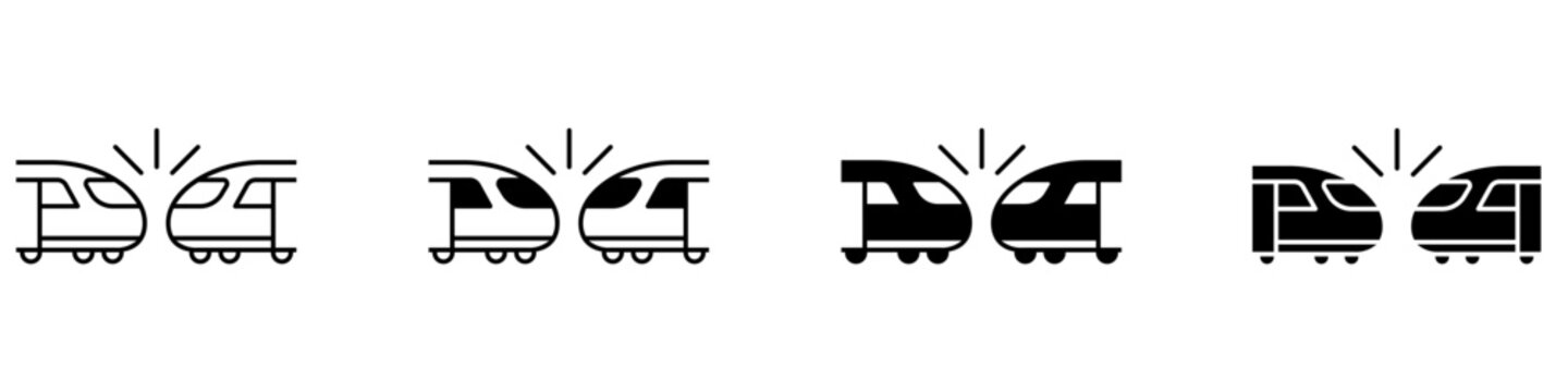Train collision icon vector set. Railway accident illustration sign collection. Rail crash symbol. Emergency transport logo or mark.