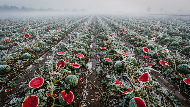 Frozen watermelons damaged by frost in a foggy field. Cracked fruits and frosty leaves fill the symmetrical agricultural rows. Agricultural loss and climate change concept for crop insurance.