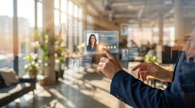Recruitment Technology: A recruiter's hand touches a digital screen displaying candidate profiles, showcasing modern human resources technology and the recruitment process.