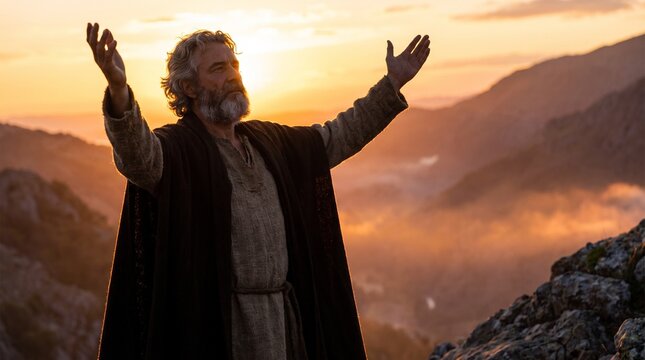 Biblical prophet with raised hands praying on a rocky mountain peak during a dramatic golden sunset.
