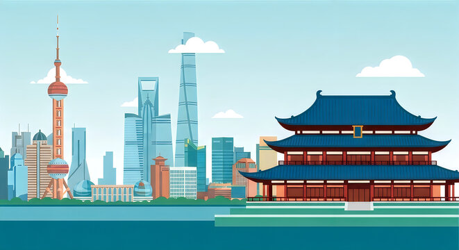 Modern City Skyline with Traditional Temple Architecture in Bright Daylight Illustration