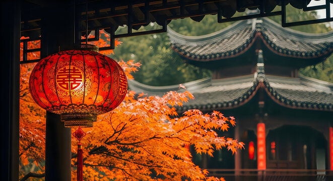 Traditional Chinese Lantern Hanging in Autumn Temple Courtyard with Red Leaves and Tiled Roofs