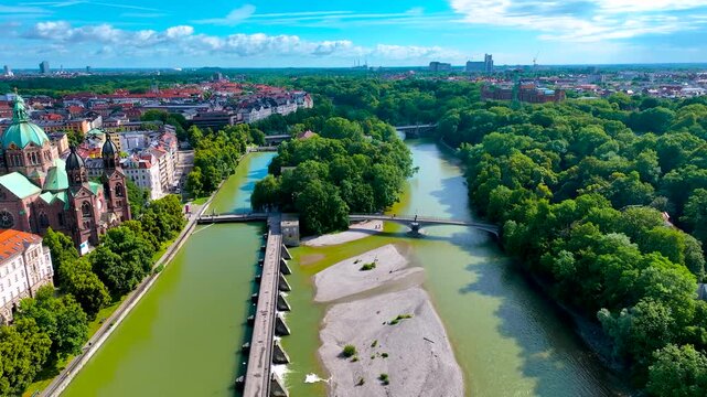 Aerial view of river Isar, St Lukas Kirche and cemtral Munich, Germany, Europe