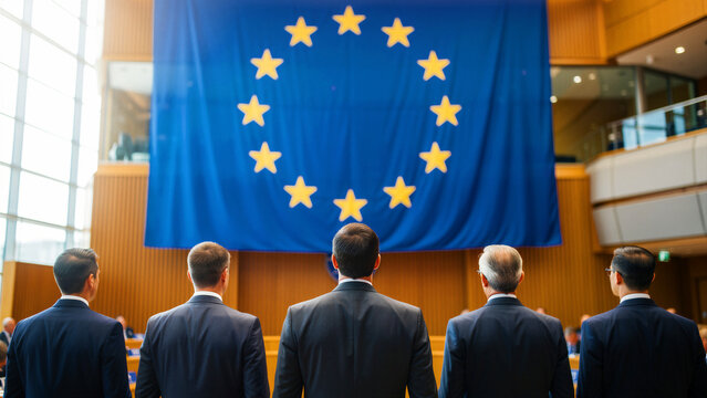 Men in suits facing a large European Union flag. Politicians attending an official assembly or summit. European integration and policy concept for political and diplomatic news.