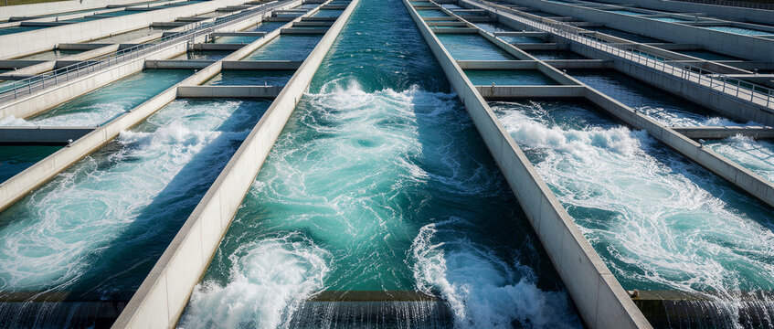 Water flowing through concrete sedimentation tanks at a modern treatment plant. Aeration process in wastewater facility ensures clean city supply. Sustainable utility infrastructure for marketing.