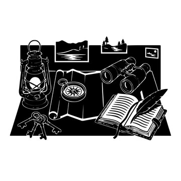 Karte, Kompass, Fernglas und Laterne liegen auf einem Entdeckerschreibtisch bereit. Das Motiv erz&auml;hlt von Fernweh und Entdeckungsreisen.KI Generiert