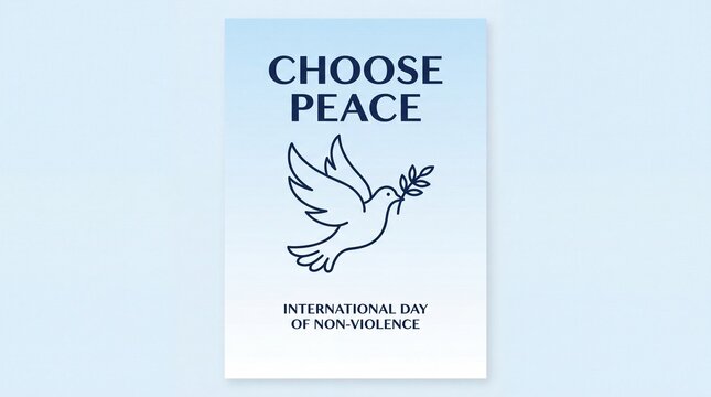 Minimalist choose peace poster featuring a line art dove carrying an olive branch for the international day of non violence against a soft gradient blue background for global awareness